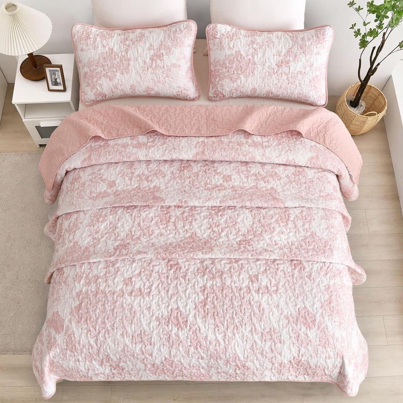 WONGS BEDDING Quilt Set King Size  3 Pieces Pink Floral Plants Printed Bedspread Coverlet Set Soft Lightweight Microfiber Botanical Bedding Set for All Season (104""x90"") - Image 3